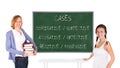 Young teacher and schoolgirl in front of a chalkboard Royalty Free Stock Photo