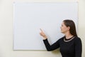 Young teacher sitting near empty white board in classroom pointing on the board