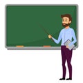 Young Teacher standing in front of blank school blackboard vector illustration. Male school teacher near green Royalty Free Stock Photo