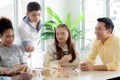 Young teacher and student doing activity playing block wooden for development together with enjoy and fun in the classroom. Royalty Free Stock Photo