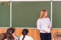 Young teacher woman in front of the class at the blackboard