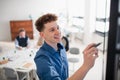 Young teacher writing on whiteboard during alternative energy lecture with group of senior students in classroom. Royalty Free Stock Photo