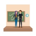 Young teachers couple with chalkboard in classroom scene