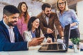 Team of coworkers making great meeting discussion in modern coworking office Royalty Free Stock Photo