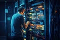 Young technician working with servers in a datacenter. Internet and technology concept, rear view of the Technician repairing the