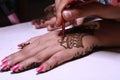 Young Teen Age Indian Girl painting henna Tattoo on the hand Royalty Free Stock Photo