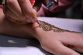 Young Teen Age Indian Girl painting henna Tattoo on the hand Royalty Free Stock Photo