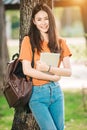 A young or teen asian girl student in university Royalty Free Stock Photo