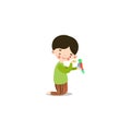 Cute little boy feeding a bird with birdseed. Raster illustration in flat cartoon style