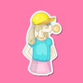 Young teen girl in a baseball cap with headphones blowing bubblegum. Little girl vector cartoon hand draw illustration Royalty Free Stock Photo