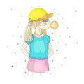 Young teen girl in a baseball cap with headphones blowing bubblegum. Little girl vector cartoon hand draw illustration