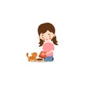 Cute little girl feeding a cat. Raster illustration in flat cartoon style Royalty Free Stock Photo