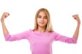 Young teen girl showing her muscular arm for feminine and independent strenth,isolated Royalty Free Stock Photo