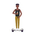 Young teenage african american boy in cap holding plastic glass with soft drink and smartphone riding hoverboard or self