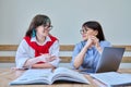 Young teenage female studying languages with teacher in classroom