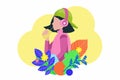 Young teenage girl drinking juice and listening music - illustration in flat cartoon style