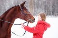 Young teenage girl with her horse in winter park Royalty Free Stock Photo