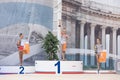 A young teenage girl prepares for performance, warming up and performs gymnastic elements at the competitions.