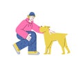 Young teenage man petting yellow dog - flat cartoon vector illustration