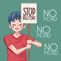 young teenager boy with stop bullying lettering in protest banner