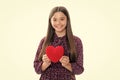 Young teenager child girl with heart shape. Happy Valentines Day. Love and pleasant feelings concept. Portrait of happy Royalty Free Stock Photo