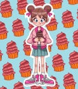 young teenager girl eating cupcake anime character