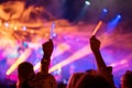 Young teenager girl fan raised up two hands with colored glowing sticks supporting favorite popular band on the night concert. Col