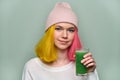 Young teenager girl with green vegetable smoothie drink Royalty Free Stock Photo
