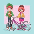 young teenagers couple with dog and bicycle characters