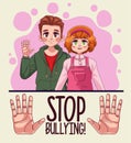 young teenagers couple with stop bullying lettering and hands stoping