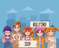 young teenagers girls with stop bullying letterings in protest banners