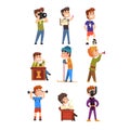 Young teenagers hobby set. Cartoon kids characters. Collecting stamps, football, chess, photography, sports, diving Royalty Free Stock Photo
