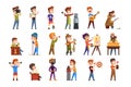 Young teenagers hobby set. Cartoon kids characters. Collecting stamps, football, chess, photography, sports, diving Royalty Free Stock Photo