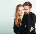 Young tender couple, man and woman in love isolated on white, fooling around real modern hipster marriage, lifestyle Royalty Free Stock Photo