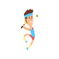 Young tennis player jumping to hit ball. Funny guy in action. Man in sportswear. Active sports game. Flat vector design Royalty Free Stock Photo