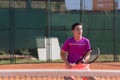 Young tennis player prepares for receiving the important servis Royalty Free Stock Photo