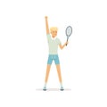 Young tennis player standing with racket in hand. Cartoon man character. Summer sport. Isolated flat vector illustration Royalty Free Stock Photo