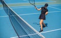 Happy tennis player woman celebrating victory in match point, success and win Royalty Free Stock Photo