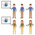 Man and woman vector illustration. Standing with pointer, presentation, notes, hands on hips funny guy and lady cartoon character