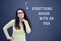 Young thinkful woman on blue gray background with idea sign