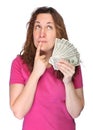 Young thoughtfully woman with money Royalty Free Stock Photo