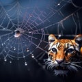 A young tiger cub staring at a huge dewdrop with his reflection on a spider web with dew drops Royalty Free Stock Photo