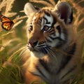 young tiger cub watching a butterfly