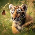young tiger cub watching a butterfly