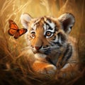 young tiger cub watching a butterfly