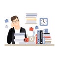 Young tired businessman character sitting at the desk having a lot of work with documents, daily life of office employee