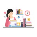 Young tired businesswoman character sitting at the desk having a lot of work with documents, daily life of office