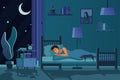 Young tired man sleeping in bed covered with quilt. Student male sleep at night in dark bedroom interior cartoon flat Royalty Free Stock Photo