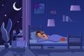 Young tired woman sleeping in bed covered with quilt. Student female sleep at night in dark bedroom interior cartoon