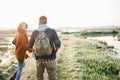 Young tourist couple at sunset sun